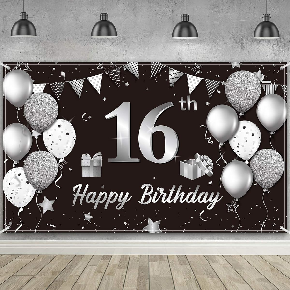 Happy 16th Birthday Backdrop Banner,Extra Large Fabric Black Silver 16th Birthday Sign Poster Photography Background Backdrop Banner 16th Birthday Anniversary Party Decorations 72.8 x 43.3 Inch