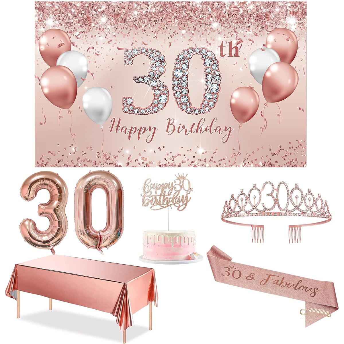 Trgowaul 30th Birthday Decoration Party Set for Women Rose Gold 30th Birthday Banner and Tablecloth 30 & 1 Lovely Sash and Crown Happy 30th Birthday Cake Topper Pink Gold 30 Number Balloons