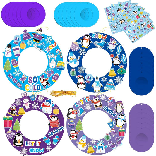 24 Pieces Winter Wreath Crafts for Preschoolers DIY Winter Paper Art Craft Kit with Snowman Snowflake Stickers for Home Classroom Indoor Game Activities