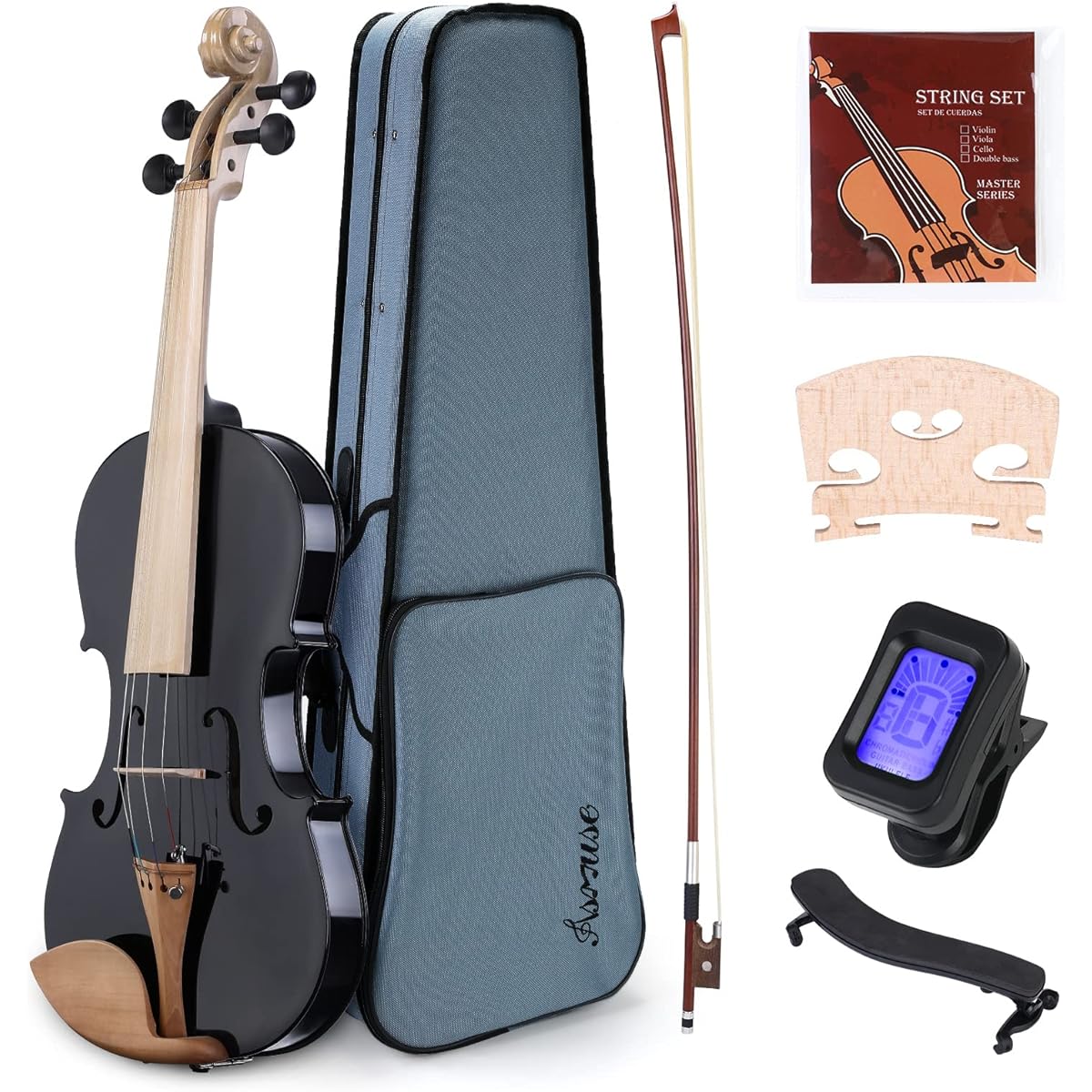 Asmuse 4/4 Violin Set Solid Wood with Rosin Tuner Shoulder Rest Wipe Bow Instruction Manual (Black)