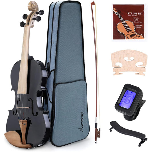 Asmuse 4/4 Violin Set Solid Wood with Rosin Tuner Shoulder Rest Wipe Bow Instruction Manual (Black)