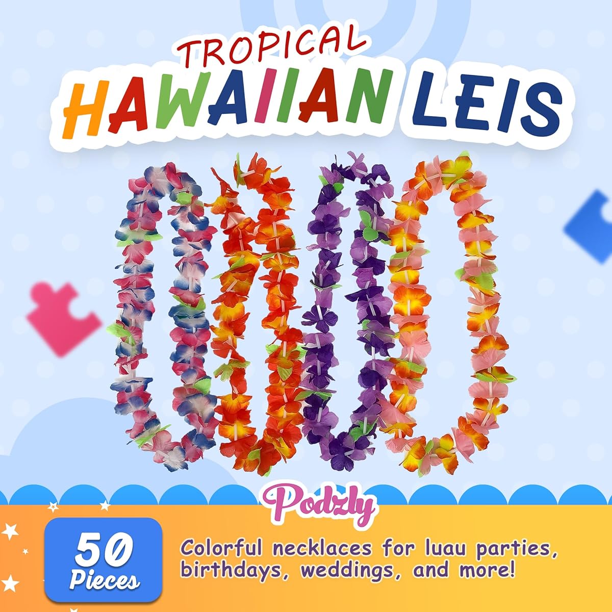 50 Hawaiian Leis - Tropical Flower Leis for Luau Party