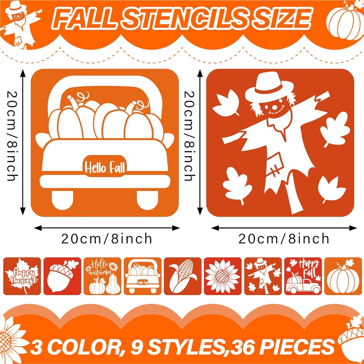 36 Pieces Autumn Drawing Stencils for Kids 8 Inch Pumpkin Sidewalk Chalk Stencils Painting Large Washable Reusable Autumn Theme Primary Shape Templates for Kids Toddler Preschool