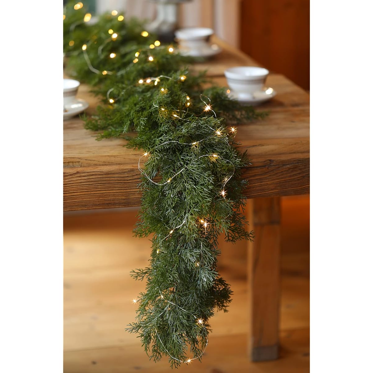 PARTY JOY 5.9ft Christmas Cedar Garland with 16.4ft LED Light String, Artificial Pine Cypress Vines Green Plants for Christmas Table Mantle Backdrop Wall Room Outdoor Indoor Winter Decoration