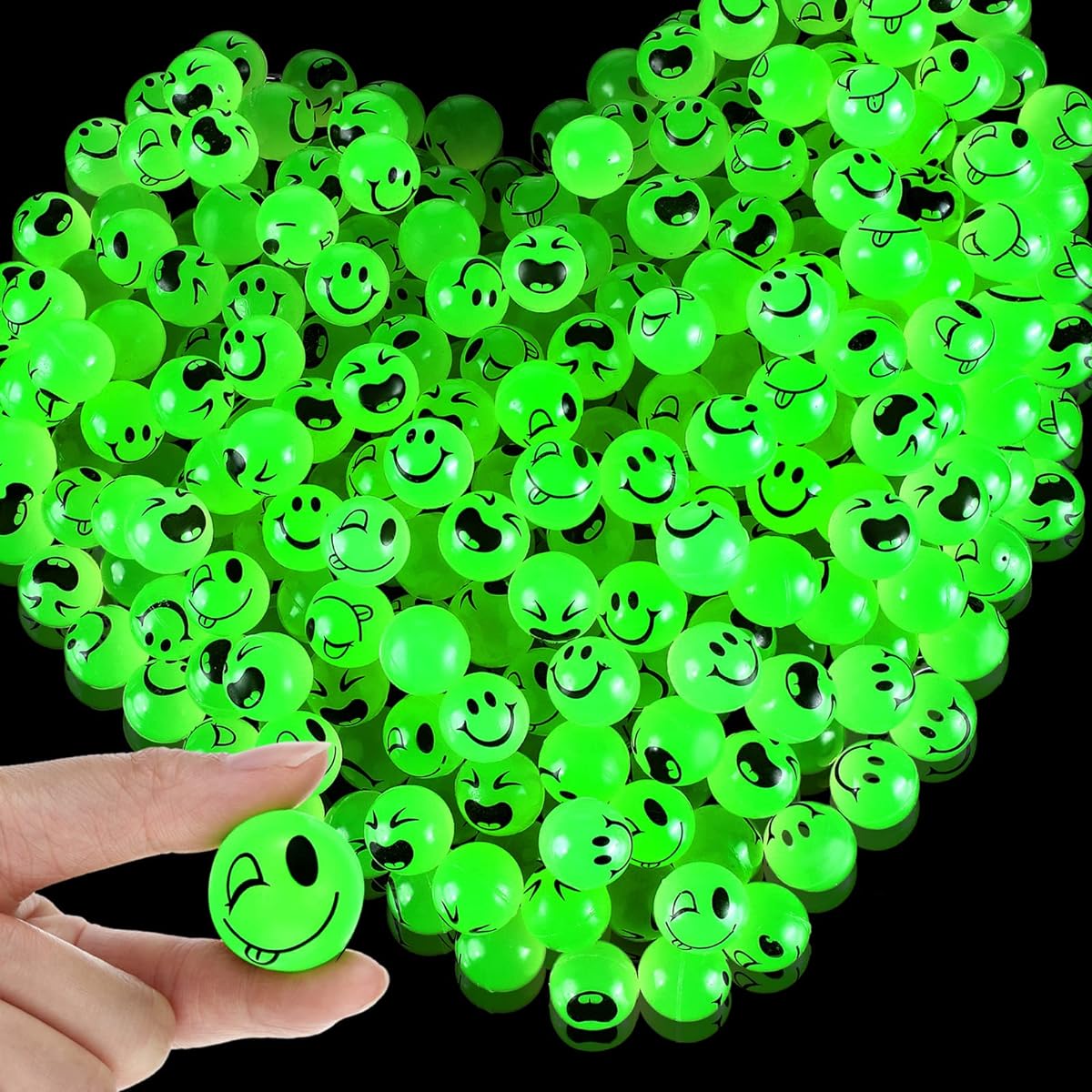 Deekin Glow in the Dark Smile Face Bounce Balls with 3 Facial Styles Mini High Bounce Balls for Kids Teens Glow Up Party Birthday Classroom Favors Gift Bag Fillers 300 Pack
