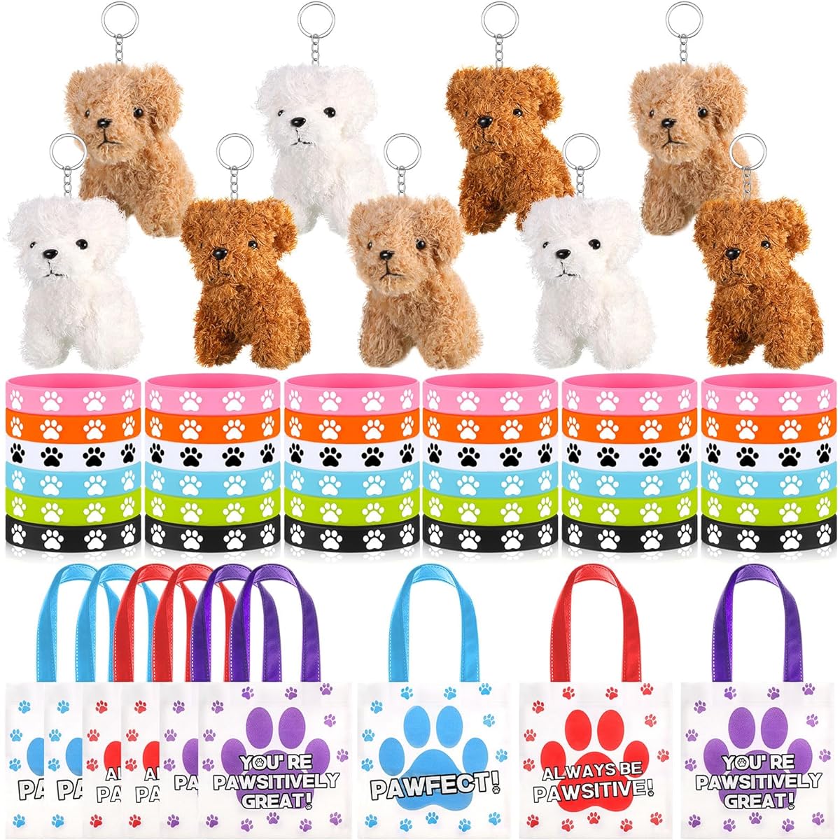 Wettarn 54pcs Dog Themed Party Favors, Mini Dog Stuffed Animals, Small Stuffed Animals, Puppy Keychains, 9 Non-Woven Paw Print Bags, Dog Gift Bags, 36 Paw Print Rubber Bracelets, Birthday Party Supplies