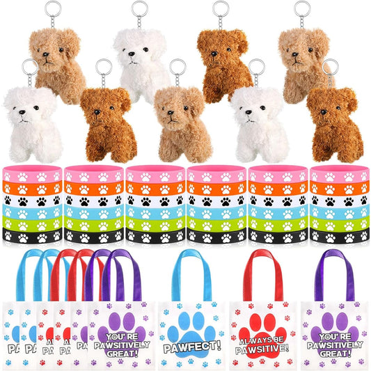 Wettarn 54pcs Dog Themed Party Favors, Mini Dog Stuffed Animals, Small Stuffed Animals, Puppy Keychains, 9 Non-Woven Paw Print Bags, Dog Gift Bags, 36 Paw Print Rubber Bracelets, Birthday Party Supplies