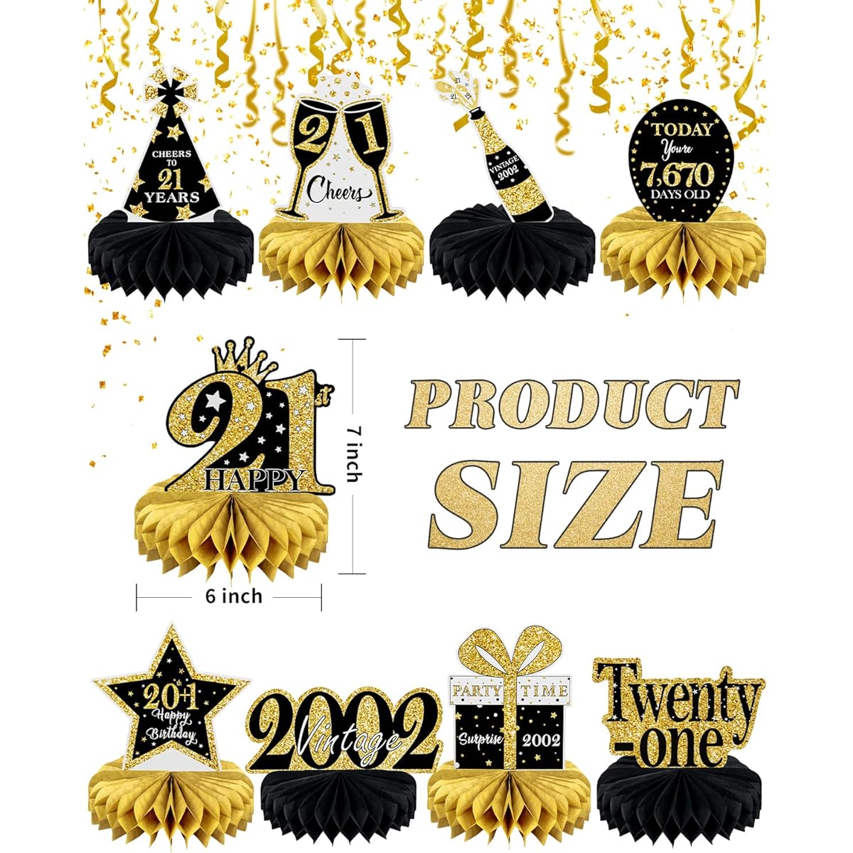 9pcs 21st Birthday Decorations, Happy 21st Party Decorations, His and Her 21st Honeycomb Centerpieces Table Decorations, Cheers to 2002 Party Supplies, Black Gold 21st Table Signs Decor
