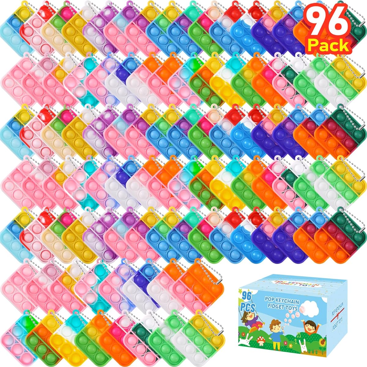 Pop Fidget Toys Fidget Keychains 96 Pack Mini Party Favors for Kids 4-8 8-12 Years Boys Girls Push Pop Bulk Toys Small Prizes Kids Classroom Birthday Party Favors Bubble Poppers
