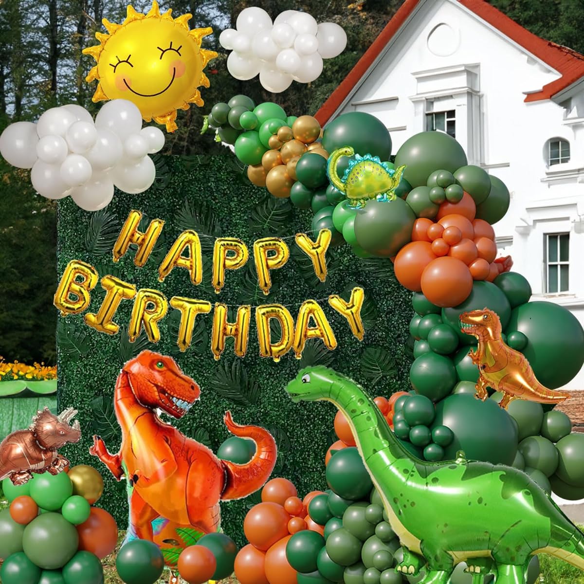ECEAE Dinosaur Balloon Arch Garland Kit Sage Green Orange Dinosaur Foil Balloons Happy Birthday Balloons Jungle Safari Dinosaur Theme Party Baby Shower Decorations Supplies for Kids Boys