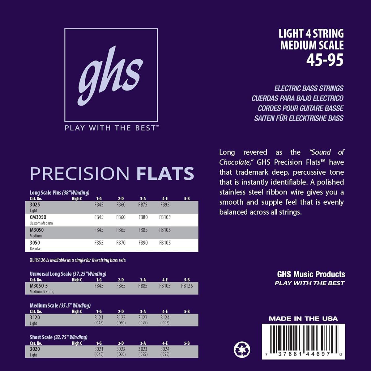 GHS Strings 3120 Medium Scale 4 String Bass Precision Flat Stainless Steel Flatwound 35.5" Winding Light (.045-.095)