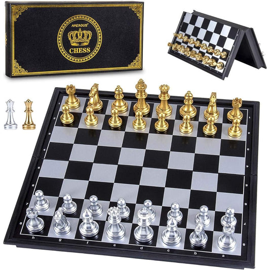 AMEROUS Magetic Travel Chess Set, Plastic Portable Folding Chess Board Game with Gold and Silver Chess Pieces - 2 Extra Queens - Storage Bag for Chessmen, for Beginners, Kids and Adults