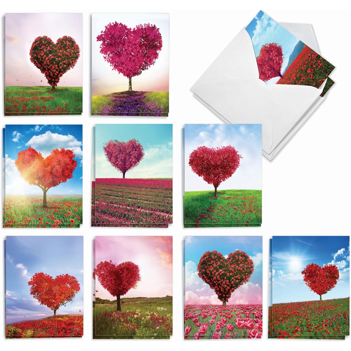 The Best Card Company - Valentine's Day Cards Bulk 20 Count (4 x 5.12 Inch) - Boxed Greetings (10 Different Designs, 2 of Each) - Heart Tree AM8994VDG-B2x10