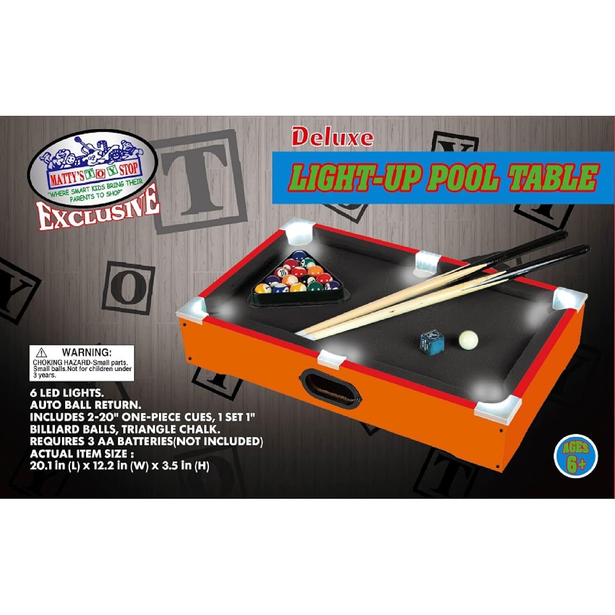 Matty's Toy Stop Deluxe Wooden 20" Table Top LED Light Up Pool (Billiards) 15 Colored Balls, 1 Cue Ball, 2 Pool Sticks, Chalk & Rack Triangle Cube
