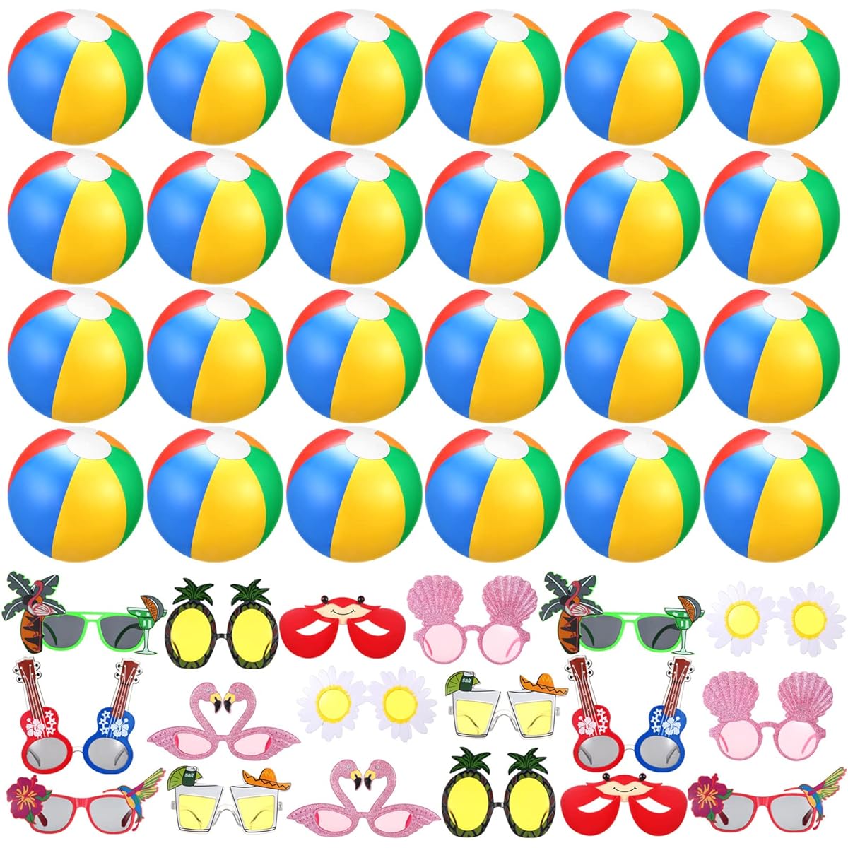 Talltalk 24pcs 10" Inflatable Beach Balls Bulk Toys, 18pcs Luau Party Sunglasses Funny Glasses Hawaiian Tropical Luau Party Decorations Supplies Summer Beach Pool Party Favors for Boys Girls