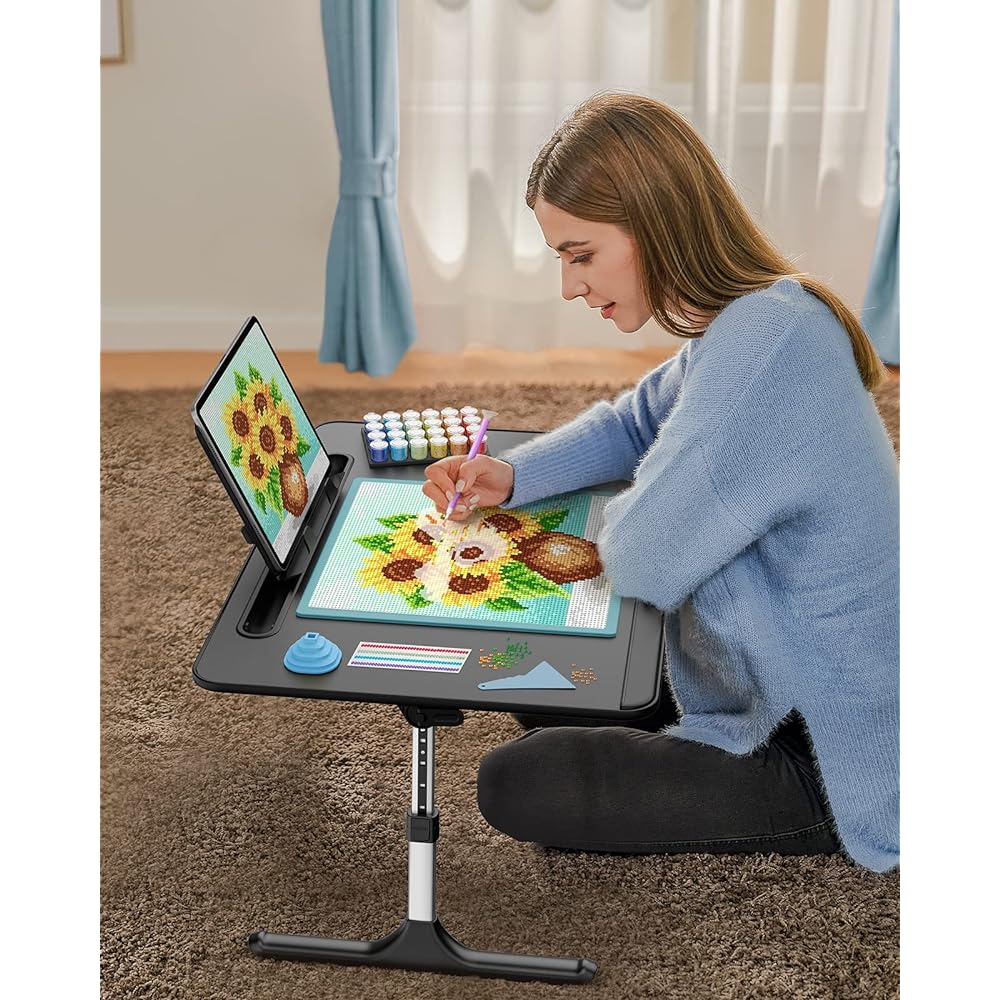 SAIJI Bed Table, LED Light, 3 Levels Brightness Adjustment, Mini Table, Storeable, Folding Table, Laptop Stand, PC Table, Chabu Stand, Book Stand, Angle, Height Adjustment, Drawer Included, 40 kg Load