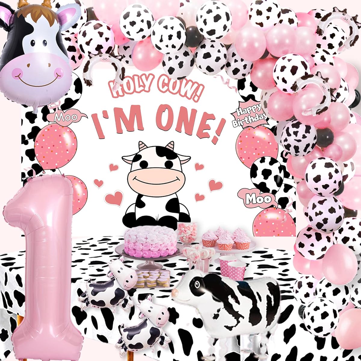 Roetyce Cow Happy Birthday Decorations, Holy Cow I'm One Birthday Decorations for Girls, Cow First Birthday Decorations for Girls Boys, Cow 1st Birthday, Cow Banner Balloons, Cow Themed Birthday Party Supplies