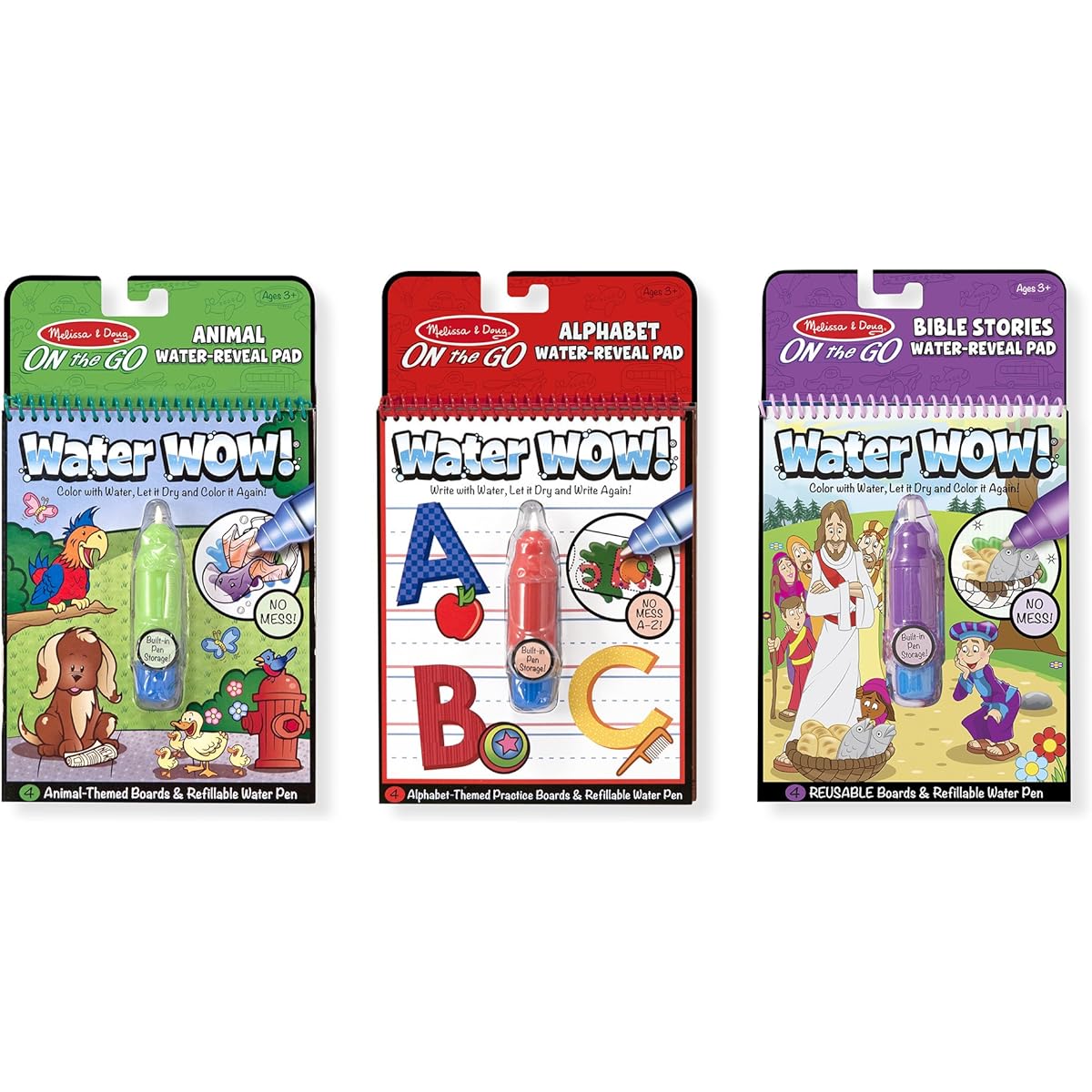 Melissa & Doug On the Go Water Wow Reusable Water-Reveal Activity Pads,3-pk, Animals, Alphabet, Bible Stories