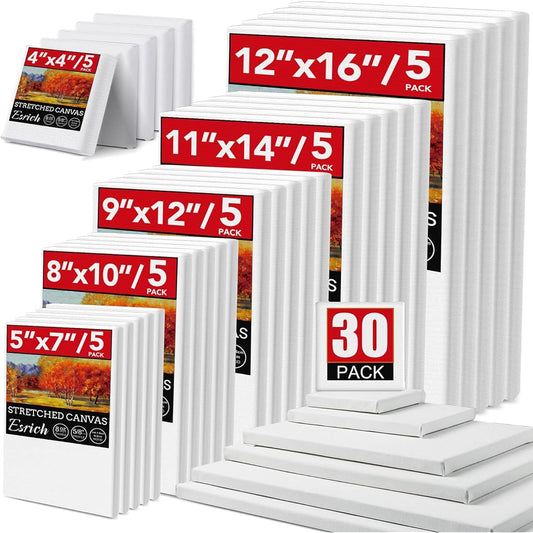 30 Pack Stretched Canvas 4 x 4 inch 5 x 7 inch 8 x 10 inch 9 x 12 inch 11 x 14 inch 12 x 16 inch Primed White Blanks Perfect for Acrylic Oil Painting Wet or Dry Art Media