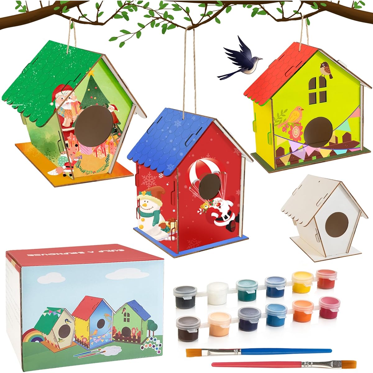 Treewant Birdhouse Kit Arts & Crafts 6 Pack for Kids Ages 3-8, Birdhouse Wooden Art Kit, Outdoor Toys, Paint Kit, Christmas, Easter Gifts for 8-12