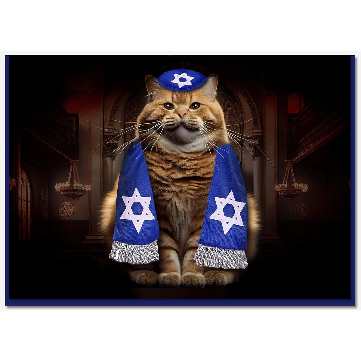Synagogue Cats - Set of 3 Multipurpose Funny Greeting Cards - From Jewish Holiday Greeting Cards, Large 5x7 inch Blank Inside, A7 Invitation Style Blue Envelopes.