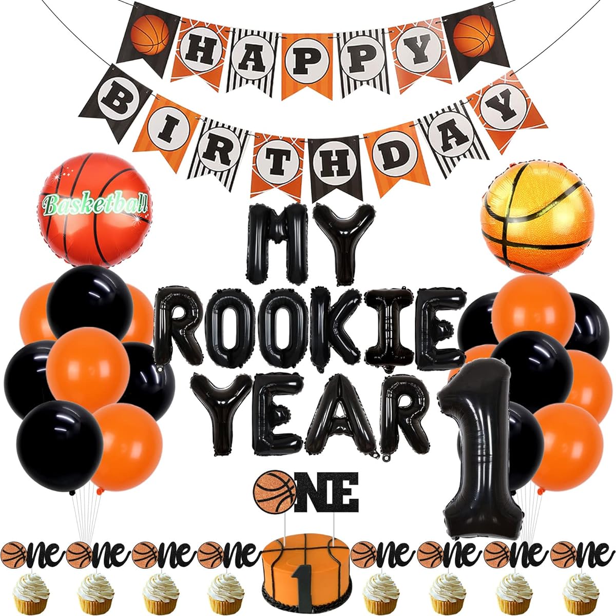 My Rookie Year 1st Birthday Decorations Basketball Theme Birthday Party with Basketball Cake Topper Birthday Happy Birthday Banner Number 1 Basketball Balloon 1st Birthday