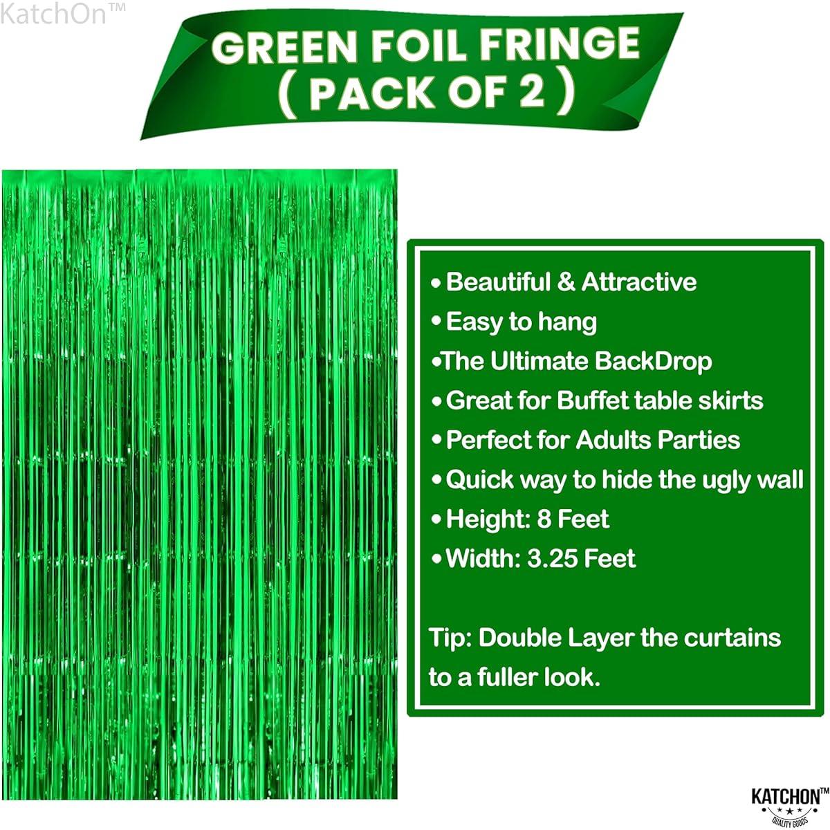KatchOn, XtraLarge Green Streamers Backdrop - 8x6.4 Feet, Pack of 2 | Green Streamers Party Decorations | Green Fringe Curtain for Jungle Party Decorations | Green Backdrop, Football Party Decorations
