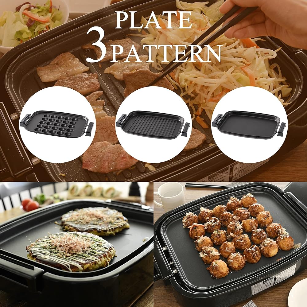 [Yamazen] Hot Plate 3WAY (Flat Plate/Corrugated Plate/Takoyaki Plate) Removable One-Touch Operation with Lid Fluorine Coating EDH-T1300(B)