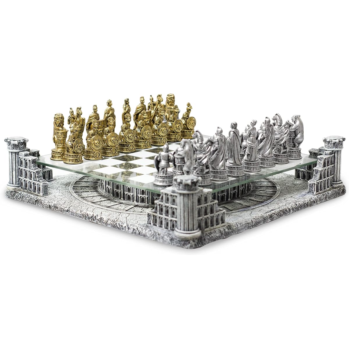 BB Brother Ancient Roman Gladiators 3D Chess Board Game Set with Glass Board, Handmade Gold and Silver Polyresin Chess Pieces for 2 Players