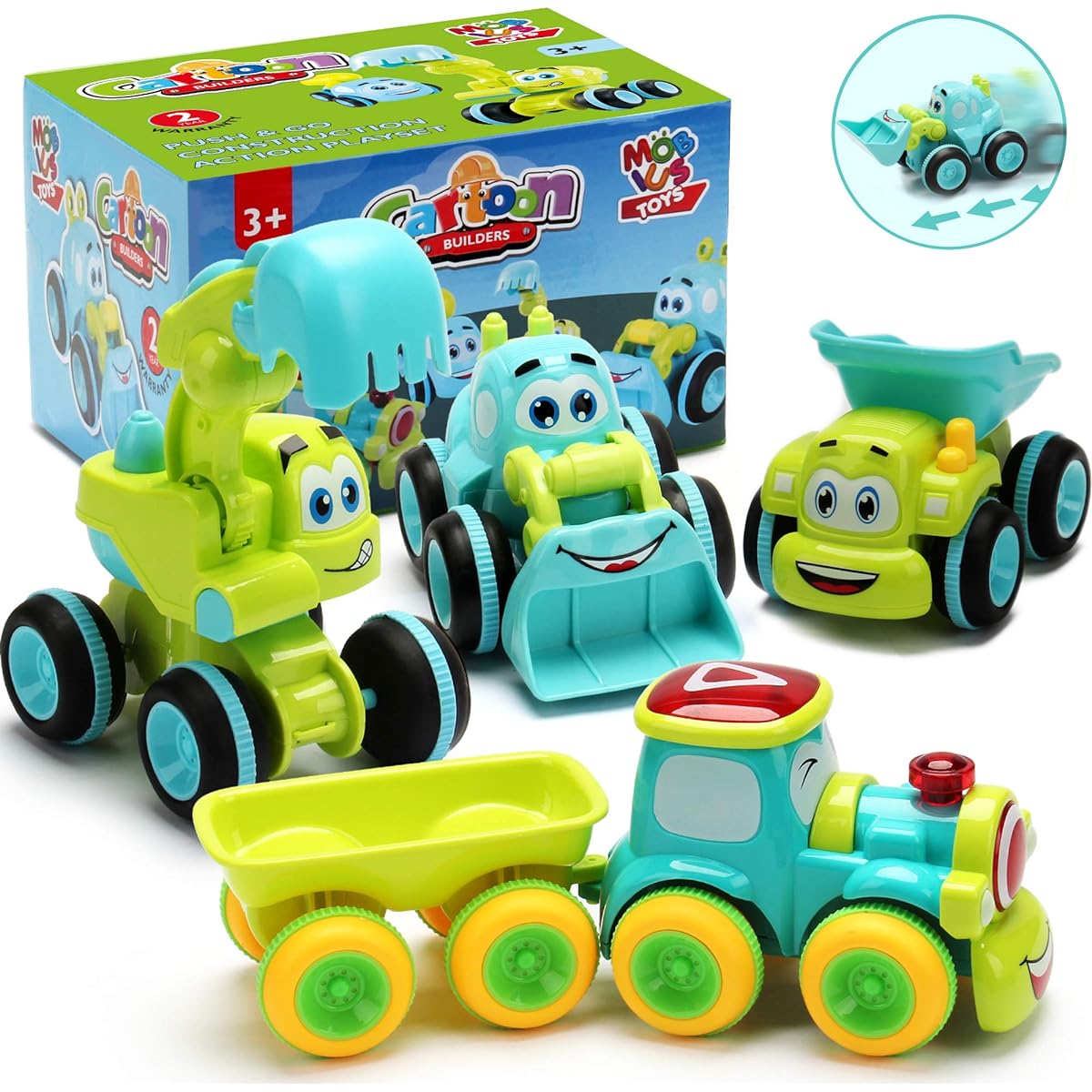 Toys for 2 year old boys - Set of 4 Friction Powered Trucks, Push & Go Cars, Cartoon Construction Vehicle Set for Boys Ages 2+ - Best Toddler Boys Toys & Toy Trucks Pull Back Cars Ideas