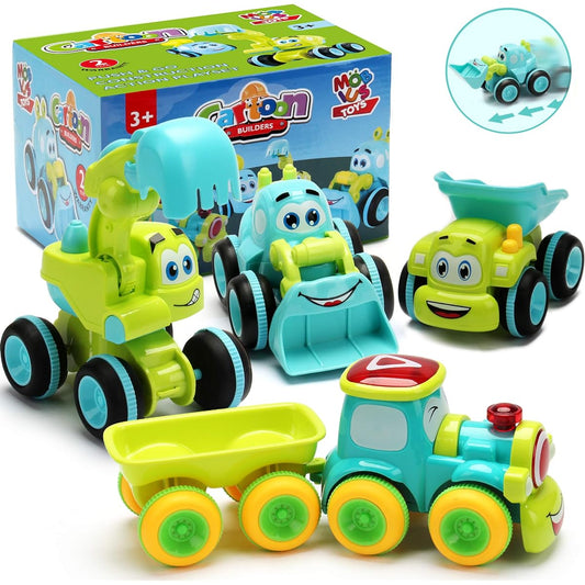 Toys for 2 year old boys - Set of 4 Friction Powered Trucks, Push & Go Cars, Cartoon Construction Vehicle Set for Boys Ages 2+ - Best Toddler Boys Toys & Toy Trucks Pull Back Cars Ideas