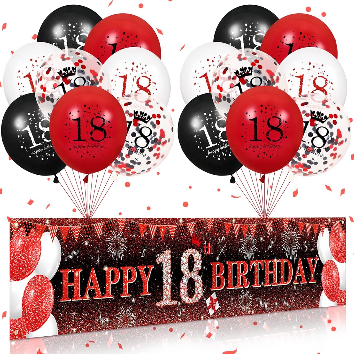 VXTRRI 18th Birthday Decorations, Red Black Glitter 18th Birthday Banner Yard Signs, 16pcs Red Black 18th Birthday Latex Balloons for 18th Birthday, Anniversary Party Supplies