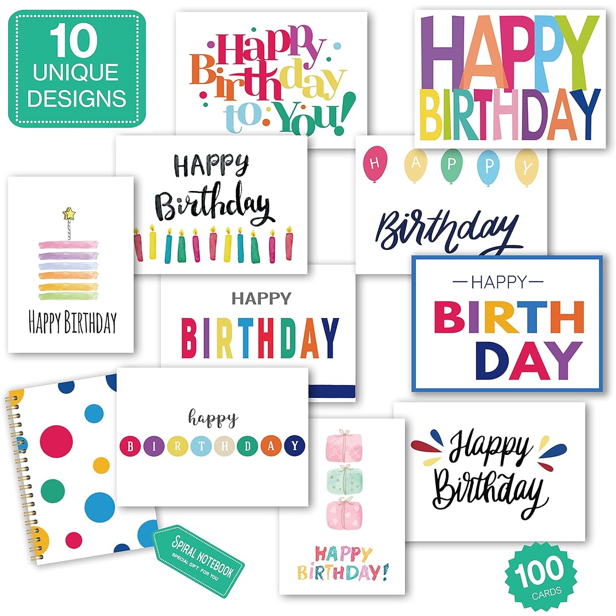 100 Birthday Cards Happy Birthday Cards Bulk Pack with Short Messages Thick 5" x 7" Card Stock Birthday Cards with Envelopes 10 Unique Design Birthday Cards for Men and Women