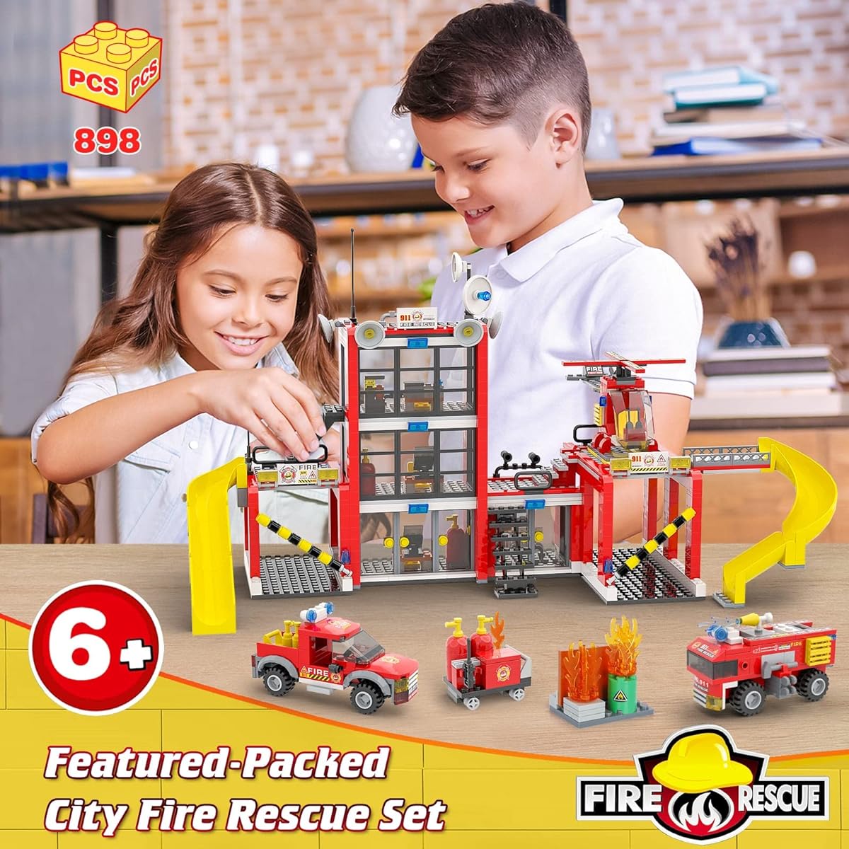 City Fire Station Building Kit, Fun Firefighter Toy Construction Set for Kids, Toy Fire Truck Helicopter, Best Learning Educational Role Play STEM Toys, Gifts for Boys and Girls, Ages 6-12 (896 Pieces)