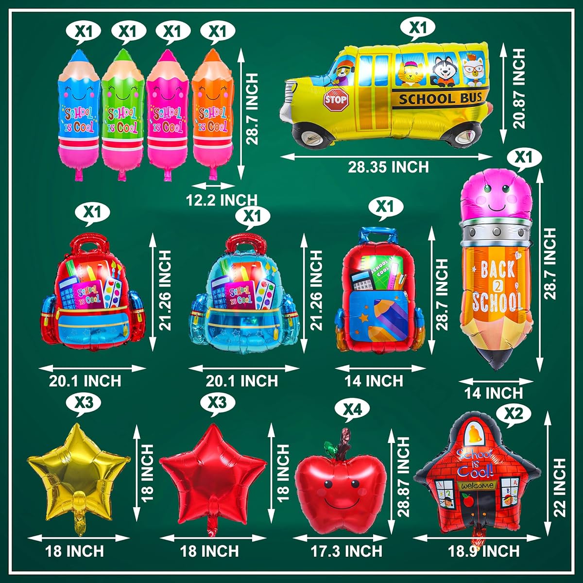 21pcs Back to School Foil Balloons, School is Cool Aluminum Balloons, First Day of School Balloons, Bus Pencils, Star Balloons, Welcome Back Party Decorations for Classroom Kindergarten