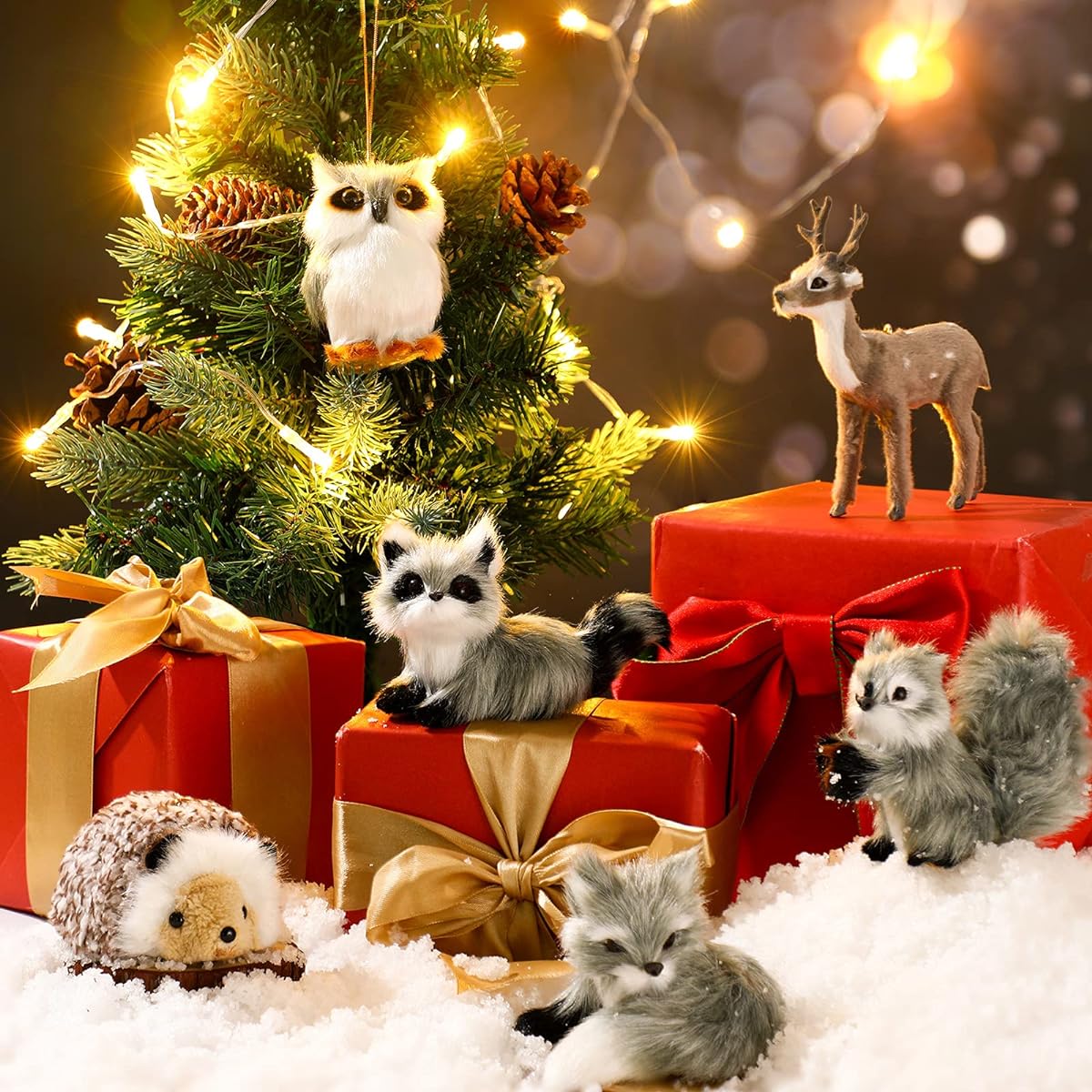 Skylety 6 Pieces Plush Animal Ornaments Faux Fur Animal Hanging Ornaments Christmas Felt Pendants Rustic Forest Owl Squirrel Raccoon Deer Hedgehog for Christmas Tree Keychain Backpack Decor