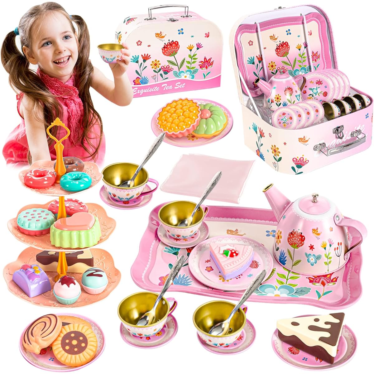 ShyLizard Tea Set for Little Girls, Kids Party Set Toys for 3 Year Old Girls, Princess Tea Set Girls Gifts, Flower Design Tea Set Toys for Girls, Gifts for 3 4 5 6 Year Old Girls, 43 Pieces