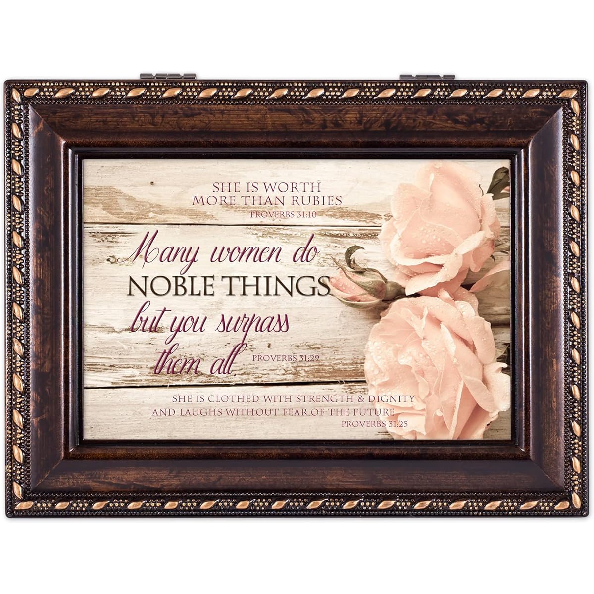 Cottage Garden Proverbs 31 Women's Antique Burl Wood Finish Jewelry Music Box Amazing Grace