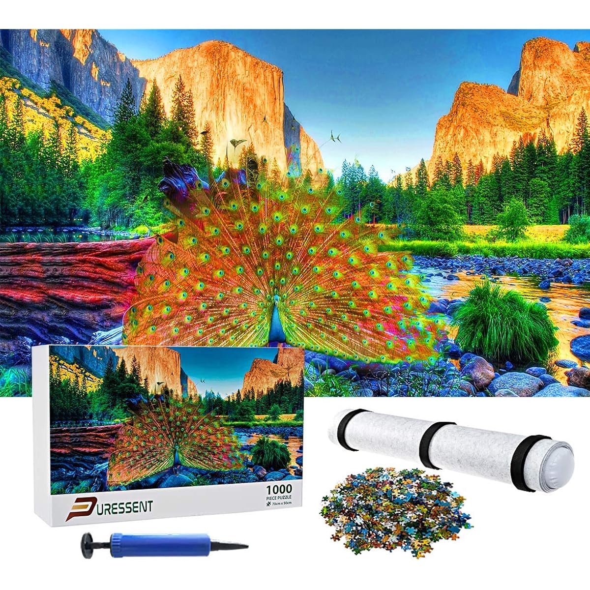 PURESSENT Jigsaw Puzzle 1000 Pieces for Adults and Kids Set 1500 Pieces with Foam Roll Up Mat, Portable Storage Bag, Pump, Fits Most Puzzle Boards and Tables Organizer