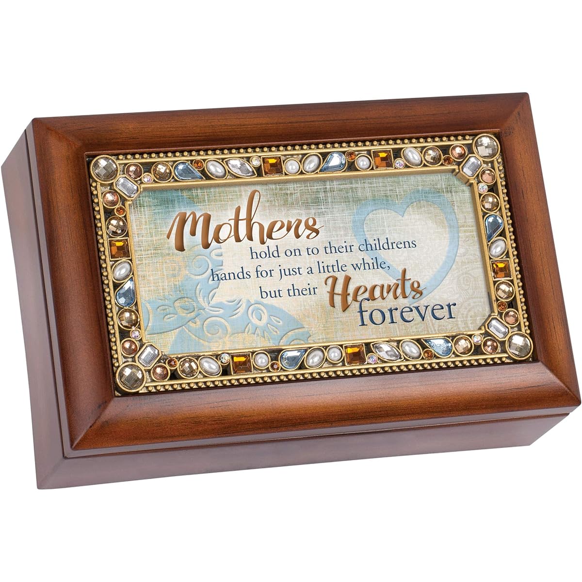 Mothers Hold Hands Heart Forever Jeweled Wood Grain Petite Music Box Plays Wind Beneath My Wings