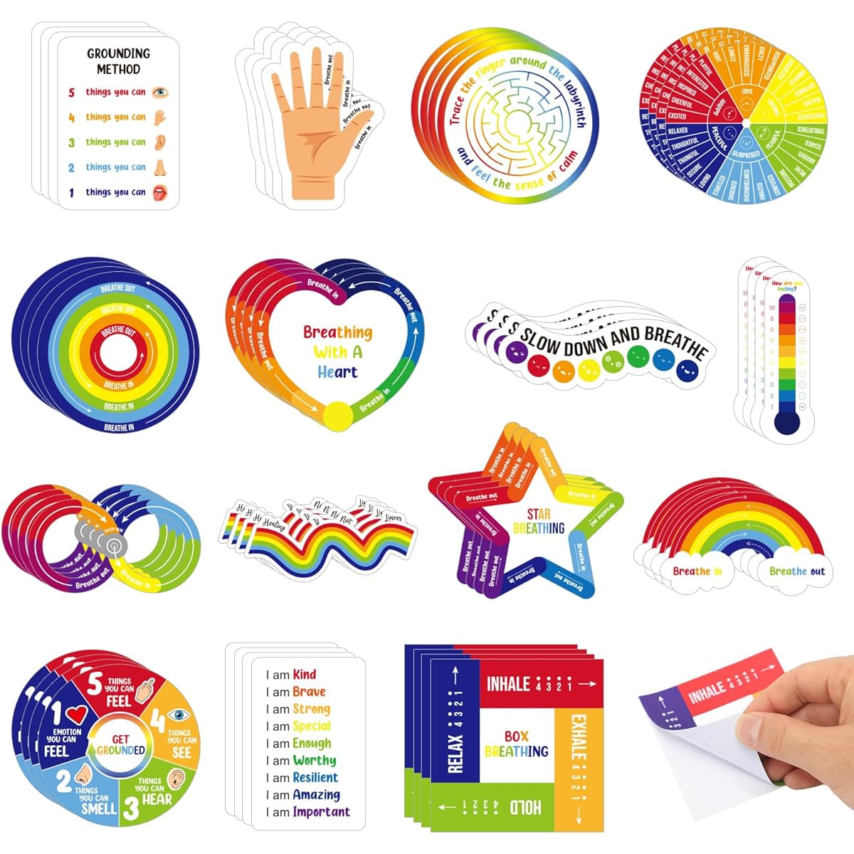 Tenceur 60 Sheets Adhesive Anxiety Sensory Stickers with Inspirational Quotes Mindfulness Relief Calm Stickers Anti-Stress Sensory Items School Counselor Supplies Fidget Texture Strips for Adults and Teens