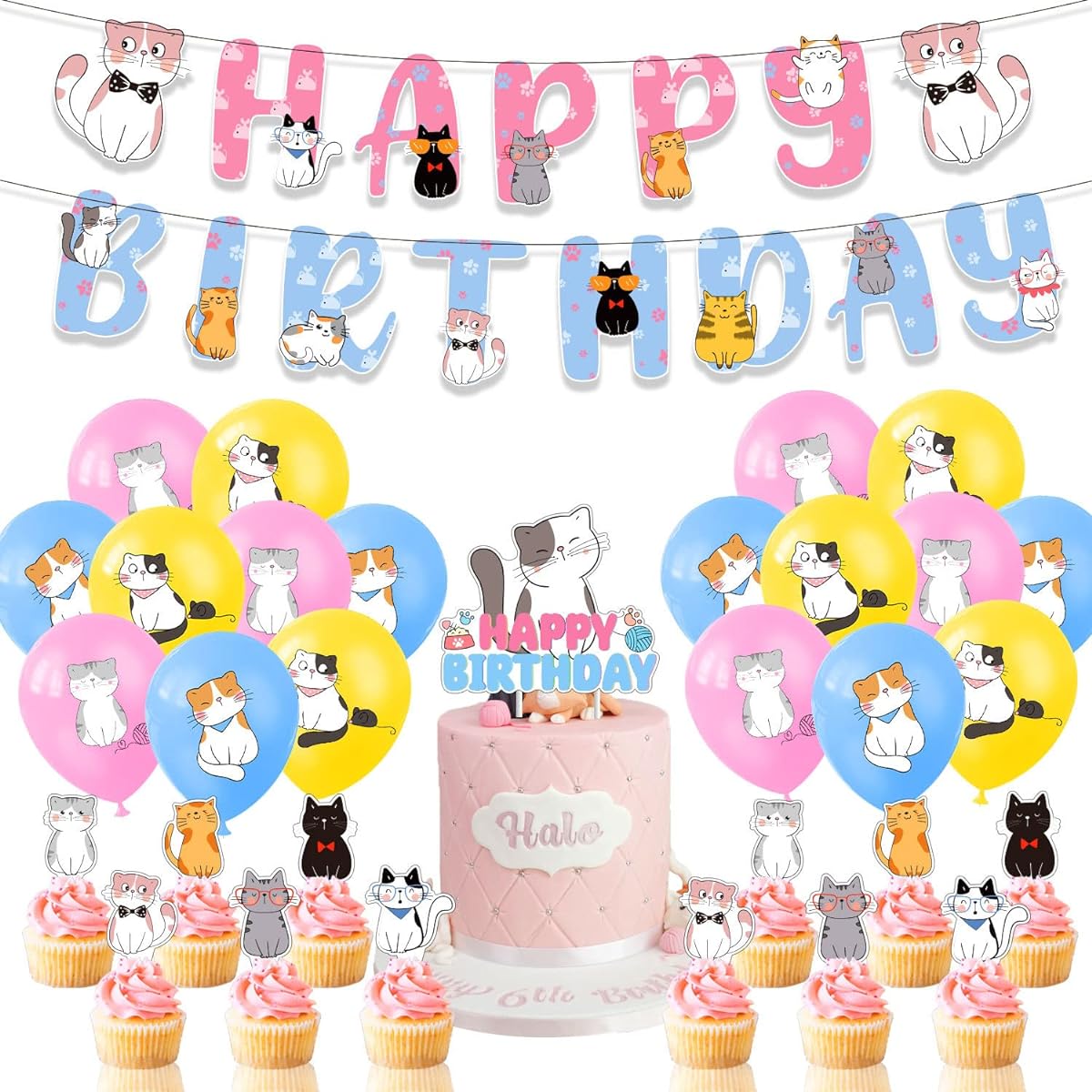 Cat Birthday Party Decorations Set, Cute Cat Birthday Party Supplies Meow Kitty for Kids Girls Boys Cat Themed Party Favors Decorations Kit Latex Balloons Banner Cupcake Toppers (46 Pack)