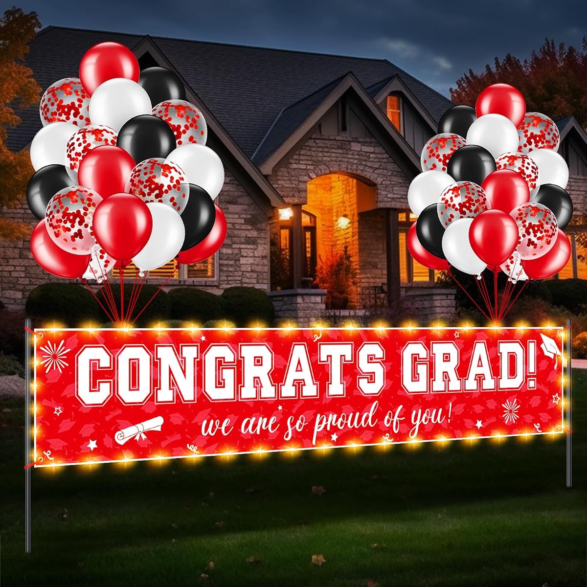 Graduation Banner Balloon Decorations 37 Pieces 2024 Graduation Celebration Graduation Banner with LED Lights for Yard Outdoor Decoration Graduation Banner Set for High School College Graduation Party Supplies Red