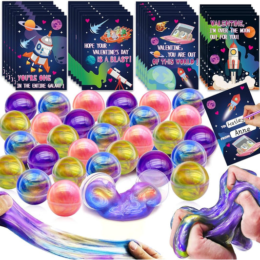 AMENON 24 Pack Valentine Galaxy Slime Kit with Exchange Card Valentine Gift for Kids Boys Girls Colorful Stretchy Galaxy Slime Balls Valentine Classroom Exchange Gift School Favors Party Favors