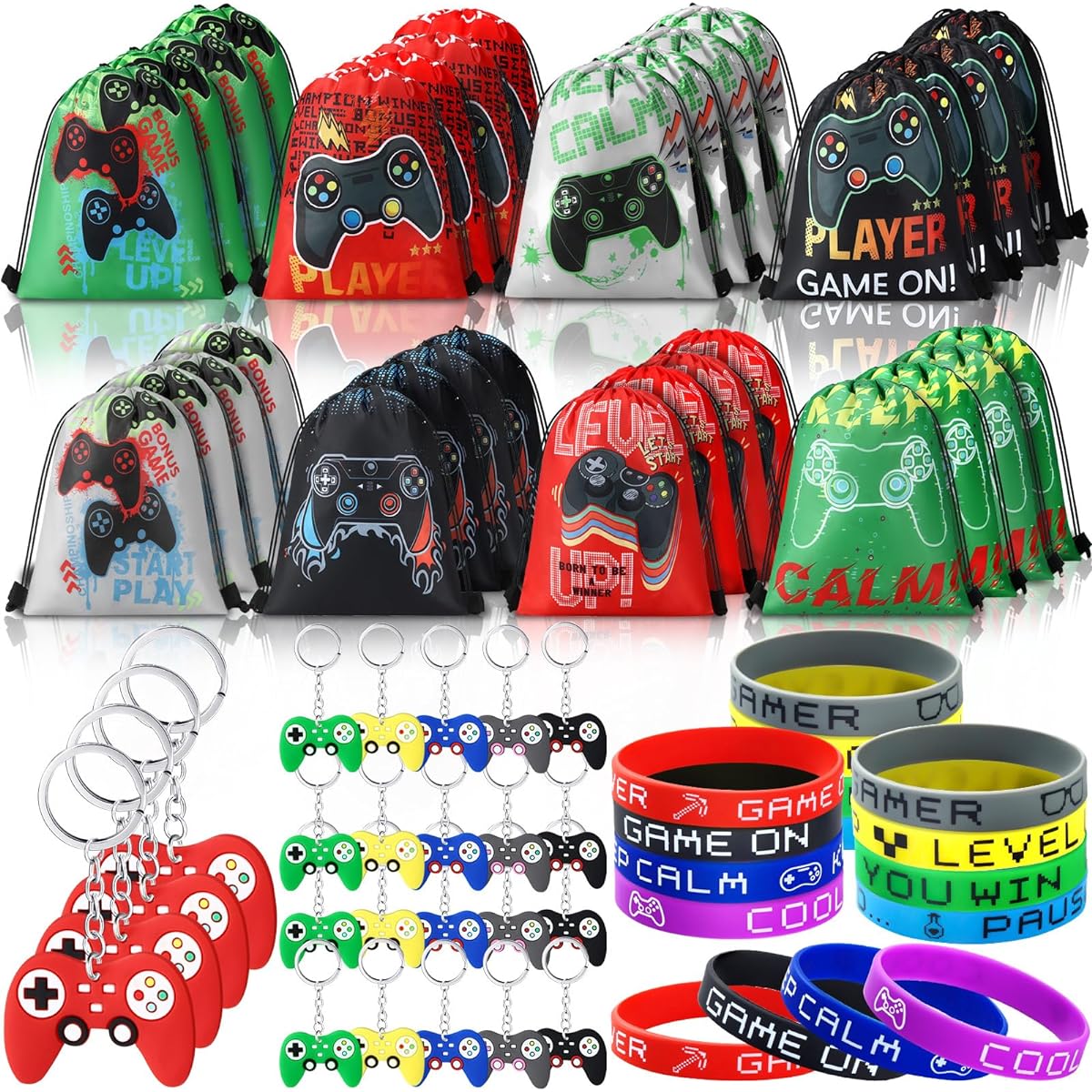 Talltalk Video Game Party Favors, 96 Pcs Video Game Party Drawstring Bags, 32 Video Game Goodie Bags, 32 Video Game Wristbands, 32 Rubber Bracelets, 32 Video Game Controller Keychains for Party