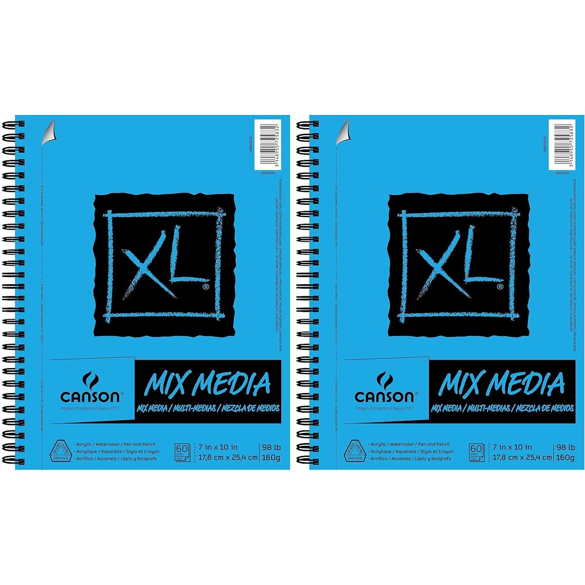 Canson XL Series Mixed Media Paper Pad, Heavyweight, Fine Texture, for Wet and Dry Media, Side Wire Bound, 99lb, 7 x 10", 60 Sheets, 100510926 (2 Pack of 7" x 10")