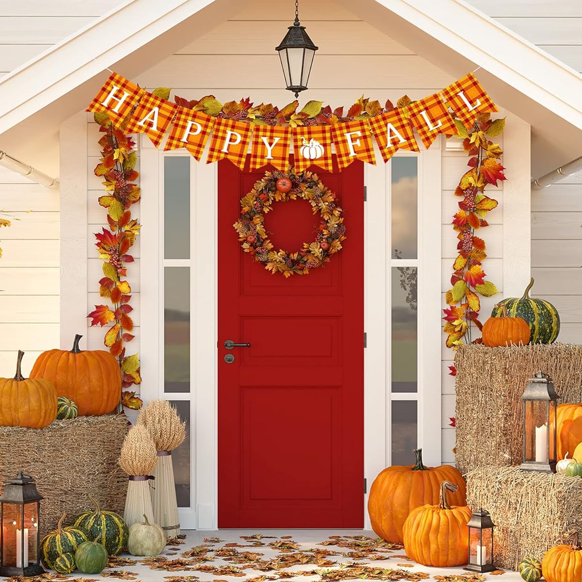 Cmaone Happy Fall Pumpkin Banner Autumn Burlap Banner Buffalo Check Pumpkin Garland Harvest Home Decor Bunting Flag Mantel Fireplace Thanksgiving Decor