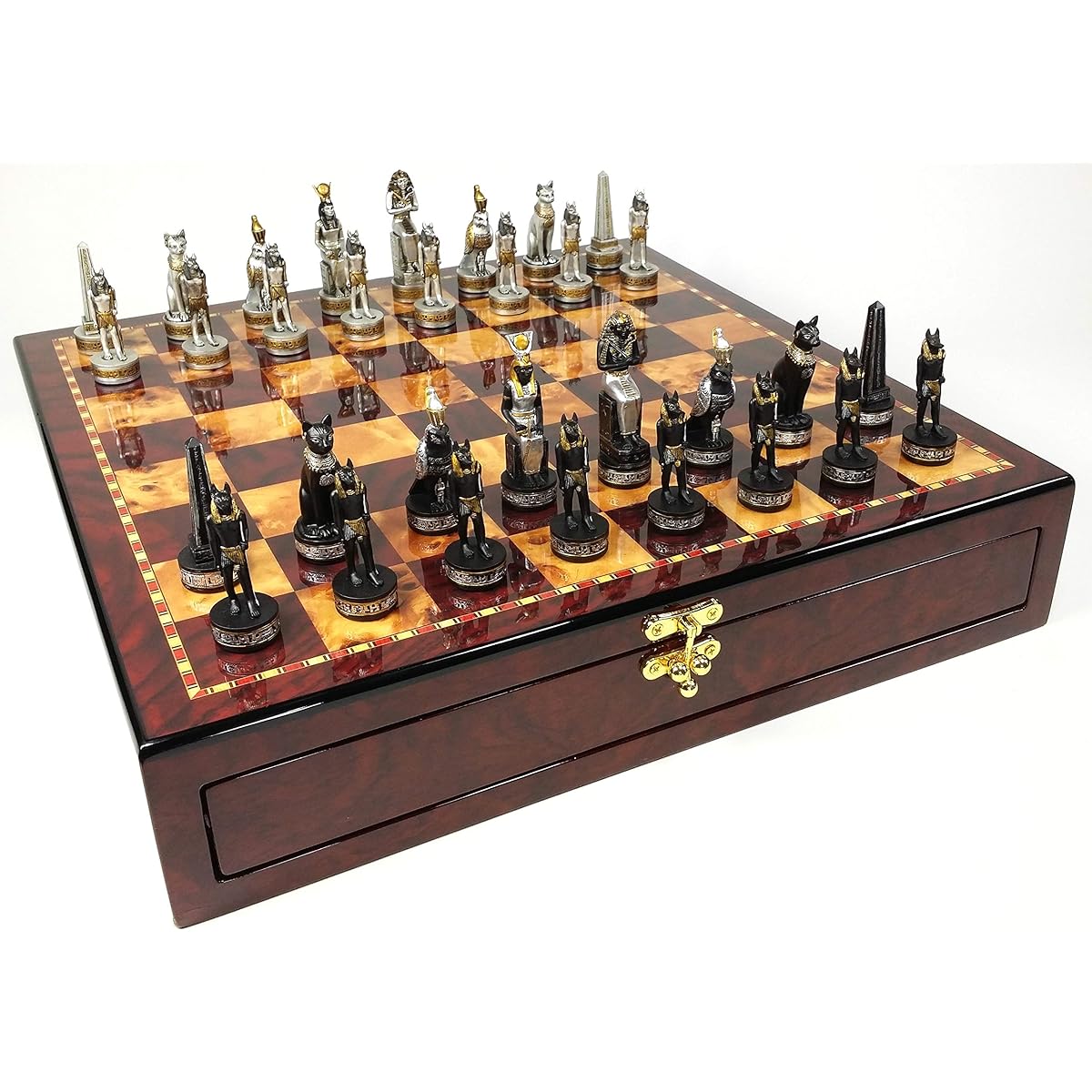 Egyptian Anubis Black and Silver with Gold Accents Chess Set High Polish Cherry and Burl Wood Colors Storage Board