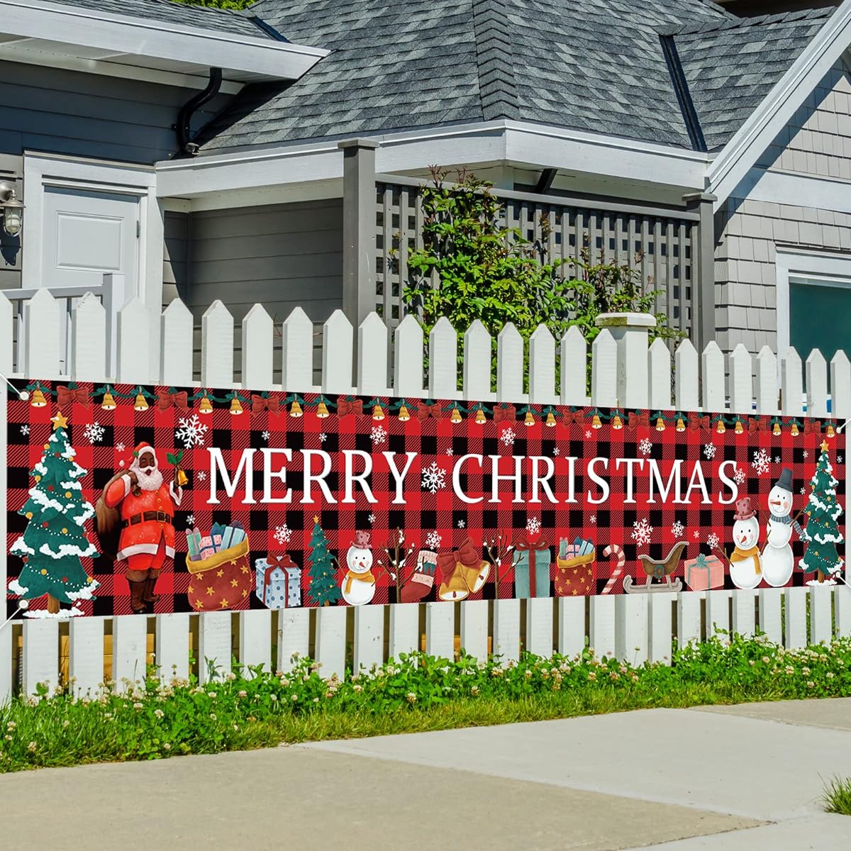Rvsticty African American Christmas Decorations Merry Christmas Banner for Fence Yard Black Santa Christmas Decorations and Home Party Supplies