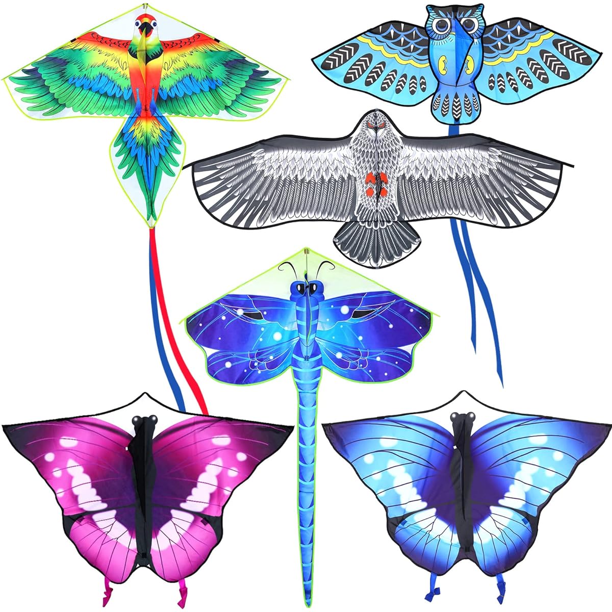 Leitee 6 Pack Large Kite for Kids and Adults, Butterfly Kite for Kids Age 4-8-12, Dragonfly Owl Parrot Eagle Goldfish Kids Kites Easy to Fly Kite Games Beach Outdoor Activity Gifts (Cool Style)